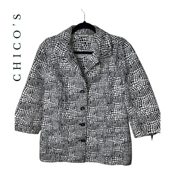 0482. CHICO’S‎ BUTTON UP JACKET SIZE LARGE BLACK AND WHITE IN COLOR STRIPES - Picture 1 of 11